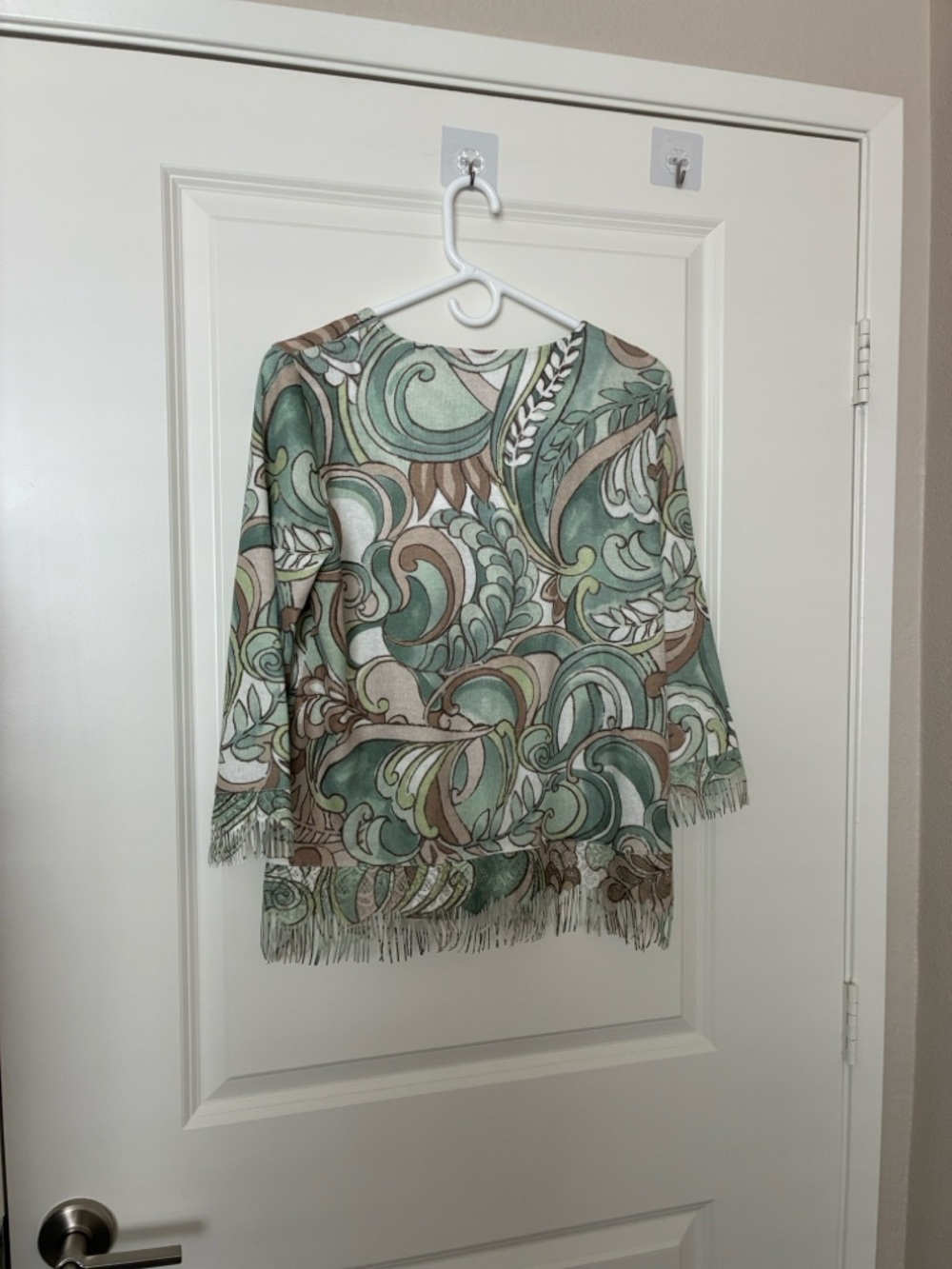 Alfred Dunner Boho Embellished Green and Brown Swirl Patterned Fringe Hem Blouse - Picture 2 of 9